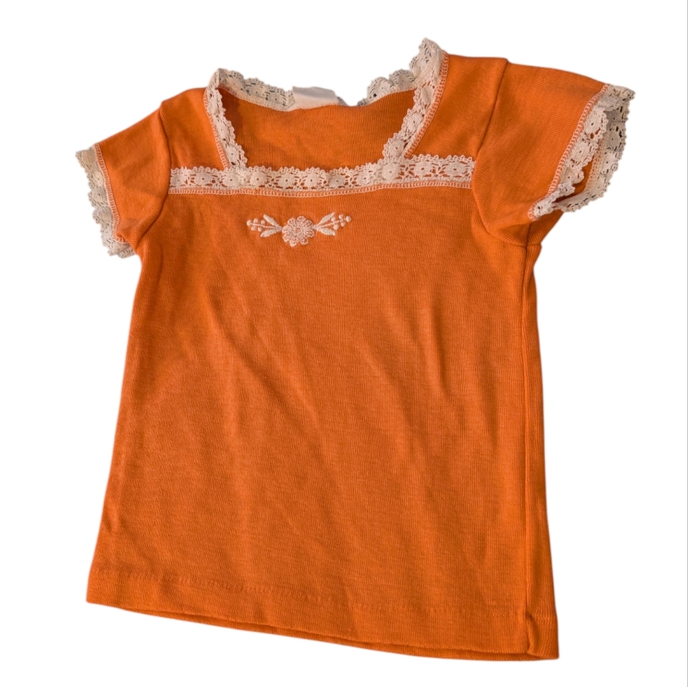 70s 80s Vintage Carter's Toddler Girl Orange Cream Floral Embroidered Lace Top 3